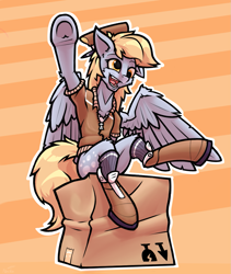 Size: 945x1122 | Tagged: safe, artist:hc0, character:derpy hooves, species:pegasus, species:pony, boots, box, clothing, cute, derpabetes, female, hat, mailmare, mailmare hat, mailmare uniform, open mouth, raised hoof, semi-anthro, shirt, shoes, socks, solo, underhoof, waving