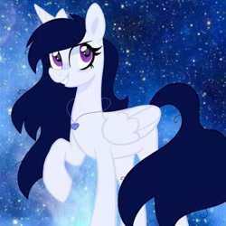 Size: 778x778 | Tagged: safe, artist:starly_but, oc, oc only, species:alicorn, species:pony, alicorn oc, eyelashes, horn, jewelry, necklace, raised hoof, smiling, solo, space, stars, wings