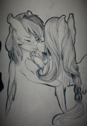 Size: 1074x1553 | Tagged: safe, artist:themoonraven, character:fluttershy, character:rainbow dash, species:pegasus, species:pony, ship:flutterdash, 2017, blushing, braid, bust, eyes closed, female, imminent kissing, lesbian, mare, monochrome, pencil drawing, shipping, simple background, spread wings, traditional art, wings