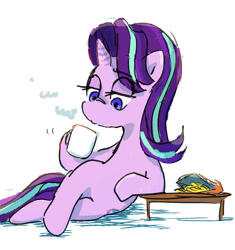 Size: 1400x1490 | Tagged: safe, artist:nendo, character:starlight glimmer, species:pony, species:unicorn, chillaxing, chips, female, food, lying down, mug, solo, table