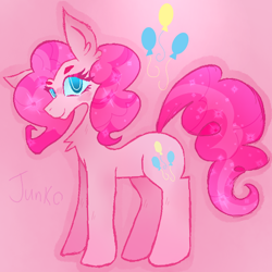 Size: 600x600 | Tagged: safe, artist:junko, derpibooru original, character:pinkie pie, species:earth pony, species:pony, alternate hairstyle, beanbrows, big ears, chest fluff, cute, diapinkes, ear fluff, eyebrows, eyelashes, female, fluffy mane, incorrect mane, looking at you, poofy mane, profile, side view, simple background, smiling, solo, sparkles, sparkly mane, standing