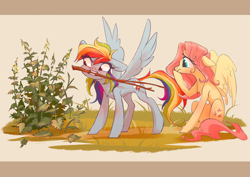 Size: 4093x2894 | Tagged: safe, artist:shore2020, character:fluttershy, character:rainbow dash, species:pegasus, species:pony, chest fluff, duo, female, floppy ears, looking at something, mare, mouth hold, nettle, outdoors, plant, sitting, spread wings, standing, stick, stinging nettle, sweat, sweatdrop, twig, wings, worried