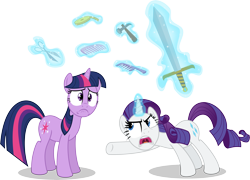 Size: 13823x9926 | Tagged: safe, artist:psyxofthoros, character:rarity, character:twilight sparkle, absurd resolution, comb, hammer, insulting rarity, measuring tape, scissors, simple background, sword, transparent background, vector