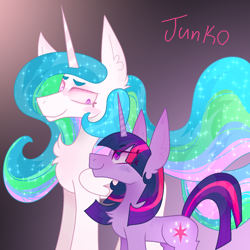 Size: 1000x1000 | Tagged: safe, artist:junko, derpibooru original, character:princess celestia, character:twilight sparkle, character:twilight sparkle (unicorn), species:alicorn, species:pony, species:unicorn, beanbrows, big ears, chest fluff, digital art, ear fluff, ethereal mane, eyebrows, eyelashes, female, flowing mane, folded wings, half body, looking down, looking up, mentor and protege, momlestia, paint tool sai, profile view, side view, smiling, sparkles, sparkly mane, wings