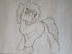 Size: 2016x1512 | Tagged: safe, artist:straighttothepointstudio, oc, oc:materlia harvest, species:earth pony, species:pony, black and white, female, fluffy, freckles, grayscale, happy, long mane, long tail, looking at you, mare, monochrome, satisfied, solo