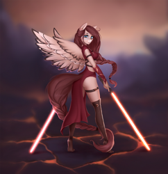 Size: 2000x2062 | Tagged: safe, artist:ketlimur, oc, oc only, oc:ondrea, species:anthro, species:plantigrade anthro, crossover, fantasy, female, lightsaber, solo, star wars, tail, tiptoe, weapon, wings