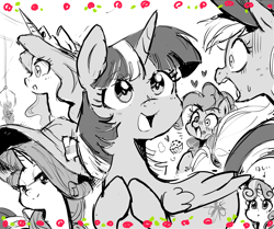Size: 1760x1470 | Tagged: safe, artist:nendo, character:applejack, character:pinkie pie, character:princess celestia, character:rarity, character:sweetie belle, character:twilight sparkle, character:twilight sparkle (alicorn), species:alicorn, species:earth pony, species:pony, species:unicorn, my little pony: the manga, clothing, cowboy hat, cupcake, cute, female, filly, food, hat, heart, japanese, mare, monochrome, muffin, pixiv, toy