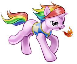 Size: 900x745 | Tagged: safe, artist:stupjam, oc, oc only, species:pony, species:unicorn, clothing, female, fire, fire breath, fire breathing pony, galloping, mare, multicolored hair, rainbow hair, running, simple background, solo, transparent background, vest