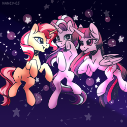 Size: 1800x1800 | Tagged: safe, artist:nancy-05, character:starlight glimmer, character:sunset shimmer, character:twilight sparkle, character:twilight sparkle (alicorn), species:alicorn, species:pony, species:unicorn, constellation, ethereal mane, galaxy mane, looking at each other, looking at you, night, stars, trio, wingding eyes
