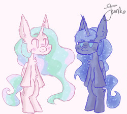 Size: 1000x900 | Tagged: safe, artist:junko, derpibooru original, character:princess celestia, character:princess luna, species:alicorn, species:pony, beanbrows, big ears, bipedal, chest fluff, colored sketch, ear fluff, ethereal mane, eyebrows, female, frown, galaxy mane, mare, royal sisters, signature, simple background, simple shading, sketch, smiling