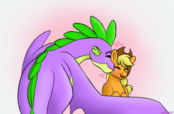 Size: 2917x1925 | Tagged: safe, artist:bellbell123, character:applejack, character:spike, species:dragon, species:earth pony, species:pony, ship:applespike, blushing, bust, cute, eyes closed, female, heart, jackabetes, kiss on the cheek, kissing, male, mare, older, older spike, open mouth, shipping, spikabetes, spike is such a sweetheart, straight, winged spike
