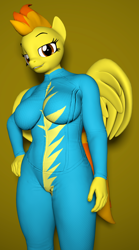 Size: 2132x3840 | Tagged: safe, artist:kevhon, character:spitfire, species:anthro, species:pegasus, species:pony, 3d, clothing, female, hands on hip, looking at you, pose, smiling, solo, source filmmaker, uniform, wings, wonderbolts, wonderbolts uniform