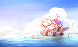 Size: 1800x1080 | Tagged: safe, artist:nendo, character:twilight sparkle, character:twilight sparkle (alicorn), species:alicorn, species:pony, book, cloud, eyes closed, female, inner tube, magic, mare, ocean, pixiv, relaxing, solo, telekinesis, water