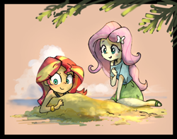 Size: 1900x1500 | Tagged: safe, artist:nendo, character:fluttershy, character:sunset shimmer, my little pony:equestria girls, beach, buried in sand, cloud, duo, palm tree, sand, sandals, sleeveless, smiling, tree