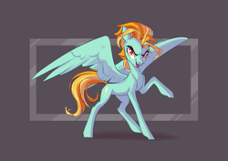Size: 4093x2894 | Tagged: safe, artist:shore2020, artist:shore70365680, character:lightning dust, species:pegasus, species:pony, abstract background, female, looking at you, mare, raised hoof, smiling, solo, spread wings, wings