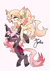 Size: 700x1000 | Tagged: safe, artist:junko, derpibooru original, oc, oc only, oc:peony fields, oc:primrose blossombat, species:bat pony, species:pegasus, species:pony, species:unicorn, beanbrows, big ears, carrying, chest fluff, coat markings, cutie mark, ear fluff, ear piercing, eyebrows, female, flying, hairclip, holding, holding a pony, lesbian, mare, oc x oc, open mouth, raised eyebrow, shipping, signature, socks (coat marking), spread wings, tongue out, unamused, unshorn fetlocks, wings
