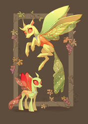 Size: 2894x4093 | Tagged: safe, artist:shore2020, species:changeling, species:reformed changeling, clypeus, duo, flower, flying, smiling, spread wings, wings