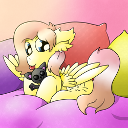 Size: 4000x4000 | Tagged: safe, artist:raktor, oc, oc only, oc:barpy, species:pegasus, species:pony, bed, male, mlem, pillow, plushie, silly, solo, tongue out