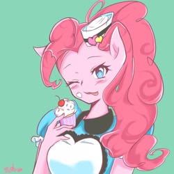 Size: 2048x2048 | Tagged: safe, artist:moh_mlp2, character:pinkie pie, species:anthro, episode:coinky-dink world, eqg summertime shorts, g4, my little pony: equestria girls, my little pony:equestria girls, apron, blushing, bust, clothing, cupcake, cute, diapinkes, digital art, dress, female, food, green background, hat, one eye closed, pony ears, ponytail, simple background, solo, tongue out, wink
