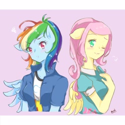 Size: 2048x2048 | Tagged: safe, artist:moh_mlp2, character:fluttershy, character:rainbow dash, ship:flutterdash, my little pony:equestria girls, blushing, clothing, digital art, female, lesbian, ponied up, pony ears, shipping, wings