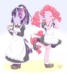 Size: 1877x2048 | Tagged: safe, artist:moh_mlp2, character:pinkie pie, character:twilight sparkle, species:anthro, apron, clothing, cup, digital art, dress, food, maid, maid headdress, one eye closed, pigtails, ponytail, smiling, tail, tea, teacup, wink