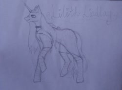 Size: 1080x797 | Tagged: safe, artist:starly_but, oc, oc only, species:pony, species:unicorn, choker, clothing, female, horn, lineart, mare, raised hoof, socks, solo, spiked choker, traditional art, unicorn oc