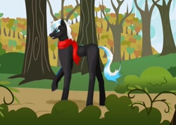 Size: 1080x765 | Tagged: safe, artist:starly_but, oc, oc only, species:earth pony, species:pony, clothing, earth pony oc, forest, outdoors, raised hoof, scarf, solo, tree