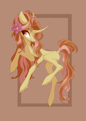 Size: 2894x4093 | Tagged: safe, artist:shore2020, character:floating lotus, species:pony, species:unicorn, g4, chest fluff, curved horn, female, flower, flower in hair, horn, mare, smiling, solo