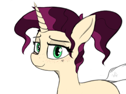 Size: 1189x886 | Tagged: safe, artist:pinkberry, oc, oc:mulberry merlot, species:pony, species:unicorn, g4, colored, colored sketch, dock, drawpile, female, freckles, heart, looking at you, sketch, solo, tattoo