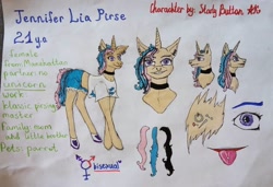 Size: 1080x739 | Tagged: safe, artist:starly_but, oc, oc only, species:pony, species:unicorn, g4, blep, bust, choker, clothing, ear piercing, earring, female, horn, jewelry, mare, piercing, reference sheet, shorts, text, tongue out, unicorn oc