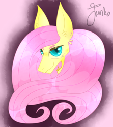 Size: 800x900 | Tagged: safe, artist:junko, character:fluttershy, species:pegasus, species:pony, g4, bean brows, big ears, bust, chest fluff, cute, digital art, ear fluff, female, looking at you, mare, paint tool sai, pink background, portrait, shyabetes, signature, simple background, smiling, solo