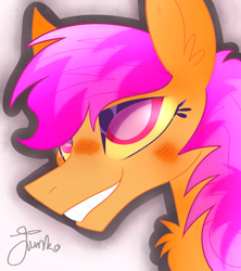 Size: 800x900 | Tagged: safe, artist:junko, character:scootaloo, species:pegasus, species:pony, g4, alternate hairstyle, chest fluff, cute, ear fluff, eyelashes, female, looking offscreen, mare, older, older scootaloo, profile, signature, smiling, solo, teeth