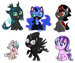 Size: 1300x1100 | Tagged: safe, artist:enigmadoodles, character:cozy glow, character:king sombra, character:nightmare moon, character:pony of shadows, character:princess luna, character:queen chrysalis, character:starlight glimmer, species:changeling, species:pony, species:unicorn, episode:the cutie map, g4, my little pony: friendship is magic, my little pony:pony life, cozybetes, cute, cutealis, equal cutie mark, female, g4 to g4.5, glimmerbetes, mare, moonabetes, shadorable, simple background, sombradorable, transparent background