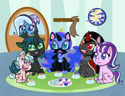 Size: 1300x1000 | Tagged: safe, artist:enigmadoodles, character:cozy glow, character:discord, character:king sombra, character:nightmare moon, character:princess luna, character:queen chrysalis, character:starlight glimmer, character:trixie, species:changeling, species:pegasus, species:pony, species:unicorn, episode:the cutie map, g4, my little pony: friendship is magic, my little pony:pony life, cozybetes, cupcake, cute, cutealis, dart board, diatrixes, equal cutie mark, food, g4 to g4.5, glimmerbetes, implied tirek, moonabetes, sombradorable