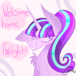 Size: 900x900 | Tagged: safe, artist:junko, character:starlight glimmer, species:pony, species:unicorn, g4, bust, chest fluff, dialogue, digital art, ear fluff, eyelashes, female, grin, looking offscreen, mare, portrait, quote, s5 starlight, simple background, smiling, smirk, solo, this will not end well