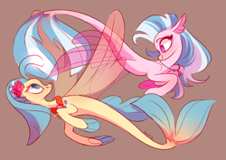 Size: 4093x2894 | Tagged: safe, artist:shore2020, character:princess skystar, character:silverstream, species:seapony (g4), g4, my little pony: the movie (2017), brown background, cousins, cute, duo, female, high res, no pupils, seashell necklace, simple background
