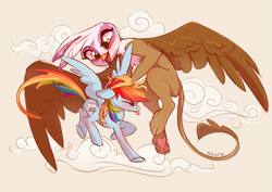 Size: 4093x2894 | Tagged: safe, artist:shore2020, character:gilda, character:rainbow dash, species:griffon, species:pegasus, species:pony, g4, cloud, cute, duo, duo female, female, flying, high res, mare, noogie, open mouth, ruffled hair, size difference, tongue out