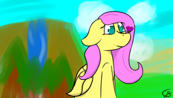 Size: 1920x1080 | Tagged: safe, artist:gamer-shy, character:fluttershy, species:pegasus, species:pony, g4, butterfly, butterfly on nose, cute, insect on nose, pink mane, watercolor background, waterfall