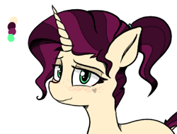 Size: 1123x854 | Tagged: safe, artist:pinkberry, oc, oc only, oc:mulberry merlot, species:pony, species:unicorn, g4, blushing, colored, dock, female, freckles, heart, mare, simple background, simple shading, solo, tattoo