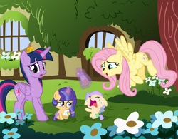 Size: 1200x938 | Tagged: safe, artist:stellamoonshine, character:fluttershy, character:twilight sparkle, character:twilight sparkle (alicorn), oc, oc:daisy, oc:starlight harmony, parent:discord, parent:flash sentry, parent:princess celestia, parent:twilight sparkle, parents:dislestia, parents:flashlight, species:alicorn, species:pony, g4, baby, baby pony, crying, diaper, hybrid, interspecies offspring, magic, offspring
