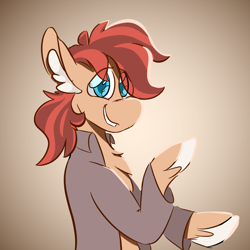 Size: 1800x1800 | Tagged: safe, artist:antimationyt, artist:bluestarsburst, oc, oc only, oc:cottonwood kindle, species:earth pony, species:pony, g4, chest fluff, clothing, ear fluff, eye clipping through hair, gift art, gradient background, looking at you, male, raised hoof, shirt, smiling, solo, stallion
