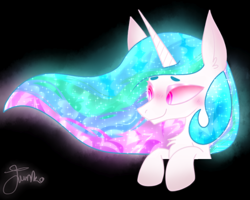 Size: 1000x800 | Tagged: safe, artist:junko, character:princess celestia, species:alicorn, species:pony, g4, beanbrows, big ears, black background, bust, chest fluff, cute, cutelestia, ear fluff, ethereal mane, eyebrows, female, glowing mane, looking offscreen, mare, peeking, signature, simple background, smiling, solo, sparkles