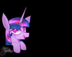 Size: 1000x800 | Tagged: safe, artist:junko, character:twilight sparkle, character:twilight sparkle (unicorn), species:pony, species:unicorn, g4, big ears, black background, chest fluff, ear fluff, eyelashes, female, looking left, mare, peeking, signature, simple background, smiling, solo