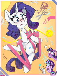 Size: 1200x1600 | Tagged: safe, artist:nendo, character:rarity, character:starlight glimmer, character:twilight sparkle, character:twilight sparkle (alicorn), species:alicorn, species:pony, species:unicorn, g4, adorable distress, blushing, bondage, cute, female, group, implied lesbian, implied rarilight, implied shipping, mare, ribbon, scissors, sweat, tangled up, tongue out, trio