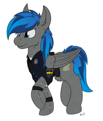 Size: 2767x3254 | Tagged: safe, artist:kamithepony, oc, oc only, oc:atom bomb, species:pegasus, species:pony, g4, amputee, cyberpunk, female, mare, police, police officer, police uniform, prosthetic limb, prosthetics, robotic arm, sierra nevada, simple background, solo, transparent background