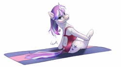 Size: 4000x2200 | Tagged: safe, artist:galinn-arts, character:twilight velvet, species:pony, species:unicorn, g4, clothing, female, gilf, leotard, looking at you, mare, milf, simple background, sitting, smiling, solo, sweat, white background, workout