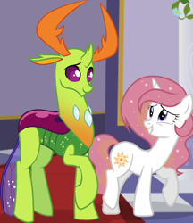 Size: 1167x1351 | Tagged: safe, artist:stellamoonshine, character:thorax, oc, oc:sunny sky, species:changedling, species:changeling, species:pony, species:reformed changeling, species:unicorn, g4, female, mare