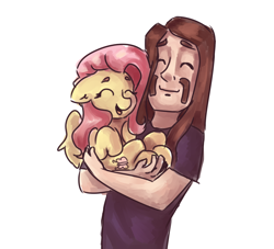 Size: 1100x1000 | Tagged: safe, artist:mannybcadavera, character:fluttershy, species:human, species:pegasus, species:pony, g4, crossover, duo, eyes closed, female, floppy ears, holding, holding a pony, hooves to the chest, male, mare, metalocalypse, open mouth, simple background, smiling, toki wartooth, white background, wings