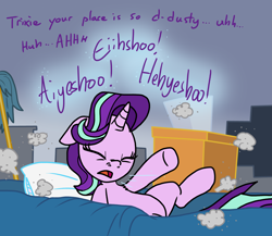 Size: 5849x5080 | Tagged: safe, artist:anyponedrawn, character:starlight glimmer, species:pony, species:unicorn, g4, absurd resolution, bed, bedroom, box, cute, dust, dust cloud, junk, lying down, mop, nostril flare, nostrils, sneezing