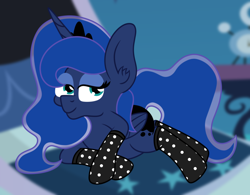 Size: 1400x1090 | Tagged: safe, artist:puperhamster, character:princess luna, species:alicorn, species:pony, g4, bedroom, bedroom eyes, clothing, ear fluff, female, horn, looking at you, lying down, mare, socks, solo